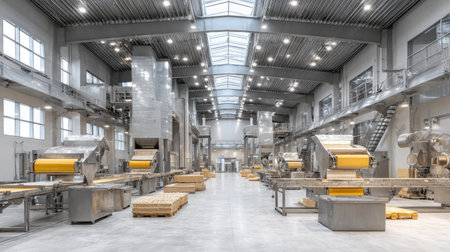 This image showcases a modern industrial facility featuring advanced machinery for product manufacturing and processing, emphasizing a clean and spacious environment.の素材