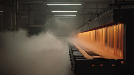 A striking industrial scene showcasing a production line with glowing elements, surrounded by steam, exemplifying modern manufacturing techniques and technology.の素材