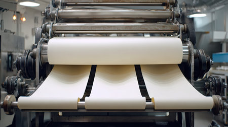 A close-up view of advanced machinery in a modern factory showing the paper sheet production process with smooth output from rolling equipment.の素材