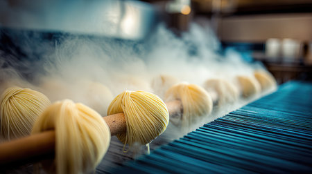 A captivating view of freshly steamed noodles hanging on a wooden rod, surrounded by soft steam, showcasing the artistry of modern culinary techniques.の素材