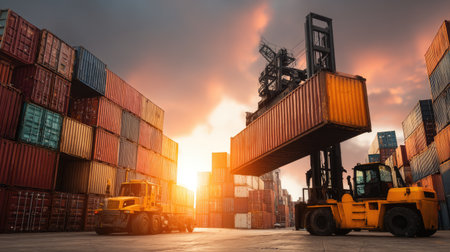 A stunning view of a busy freight terminal at sunset, showcasing massive cranes loading and unloading cargo containers alongside trucks, reflecting industrial activity.の素材