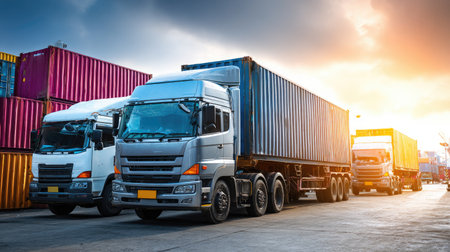 A fleet of container trucks parked at a distribution center. The scene captures a vibrant sunset, highlighting colorful shipping containers that create a dynamic industrial atmosphere.の素材