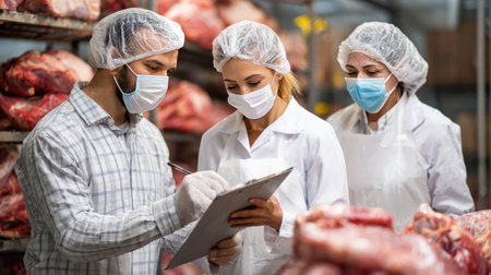 Three workers in a meat processing facility are conducting quality control checks. They wear masks and hairnets to ensure safety and hygiene standards.の素材
