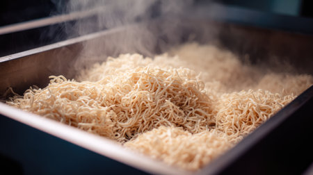 Fresh noodles steam in a metal container, exuding warmth and aroma. This versatile ingredient serves as a base for various delicious dishes in any culinary setting.の素材