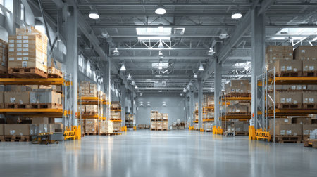 This image showcases a spacious modern warehouse, featuring organized shelves filled with boxes. Natural light enhances the industrial atmosphere, ideal for logistics.の素材