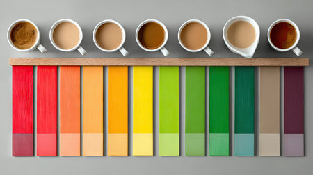 This image showcases an artistic arrangement of coffee cups in various shades of beige, alongside colorful wooden samples. The calming gray background enhances the warm tones, creating an appealing visual display perfect for coffee lovers and design enthusiasts.の素材