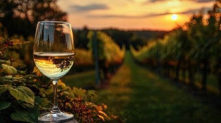 A captivating scene featuring a glass of white wine in the foreground with a stunning vineyard landscape bathed in warm sunset light, creating a peaceful ambiance.の素材