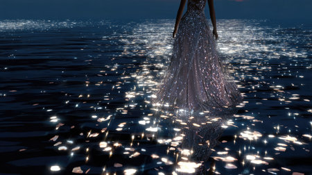 A graceful woman in an enchanting shimmering dress walks on tranquil water under a starry night sky, creating a magical and serene atmosphere.の素材