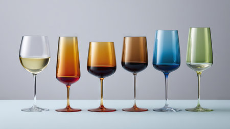 This stunning image showcases an array of colorful glassware, perfect for elevating the drinking experience. The modern presentation highlights various shapes and hues, ideal for any occasion.の素材