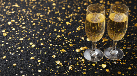 A stunning scene of two champagne flutes filled with bubbly liquid, surrounded by sparkling golden confetti on a dark background, perfect for festive celebrations.の素材