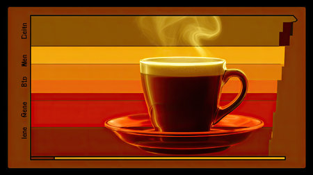 An artistic portrayal of a steaming coffee cup set against a vibrant gradient background in warm hues, evoking feelings of comfort and energy.の素材