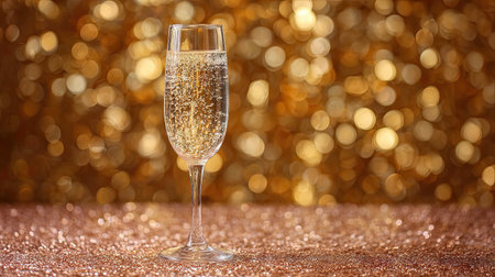 This image features a stunning champagne glass filled with sparkling bubbles against a beautiful golden bokeh background, perfect for celebrations and special occasions.の素材