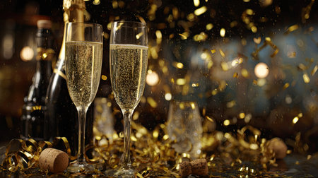 Two elegant champagne glasses filled with sparkling drink sit amidst golden confetti, creating a joyful atmosphere perfect for celebrations and parties.の素材