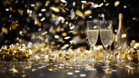 A vibrant scene showcasing two sparkling glasses filled with bubbly drink, adorned with shimmering gold confetti, perfect for any celebration moment.の素材