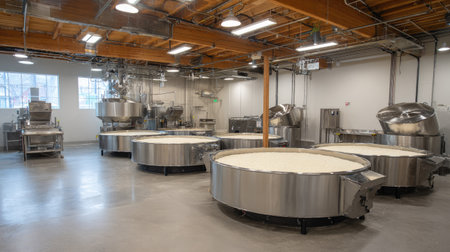 This image captures a spacious industrial kitchen featuring large stainless steel equipment designed for food preparation and production processes, emphasizing cleanliness and efficiency.の素材