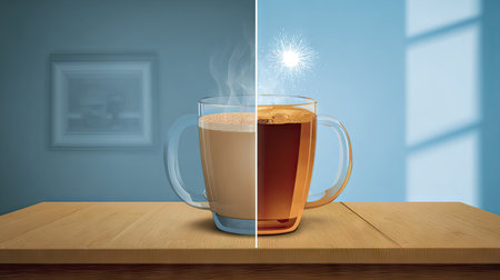 A striking image showcasing the contrast between steaming hot coffee and refreshing iced tea in a clear glass. The presentation highlights warmth and coolness, inviting viewers to appreciate both beverages. Perfect for culinary or lifestyle themes.の素材