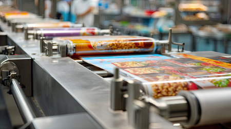 A glimpse into an advanced industrial printing process in a food packaging facility, featuring bright, colorful food labels rolling off the printing machines.の素材