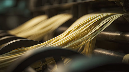 This image captures the delicate strands of freshly made pasta flowing from a specialized machine, showcasing the craftsmanship and dedication involved in creating authentic culinary delights.の素材