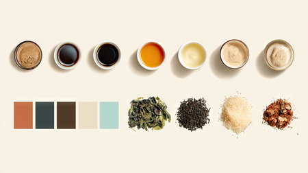 Discover a vibrant arrangement of spices and herbs alongside a color palette, perfect for culinary inspiration. Ideal for food lovers, chefs, and designers, this image showcases the beauty of natural ingredients and their potential uses in crafting delightful dishes or aesthetic designs.の素材