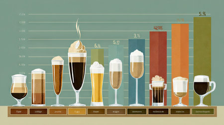 This artistic illustration showcases various types of beers, presenting their alcohol content in a visually appealing manner with color and design elements.の素材