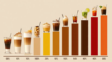 A stylish graphic showing a variety of drinks with unique presentations and density levels. Perfect for beverage enthusiasts and designers.の素材