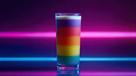 A vibrant glass filled with a colorful layered drink, set against a striking purple and blue background. Perfect for celebrations and festive occasions.の素材