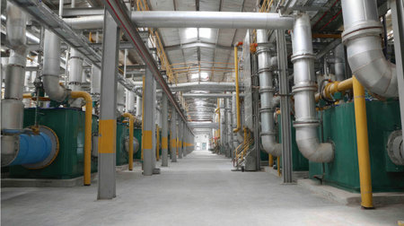 A spacious industrial interior featuring large machinery, intricate piping systems, and storage tanks, exemplifying modern manufacturing operations and technology.の素材
