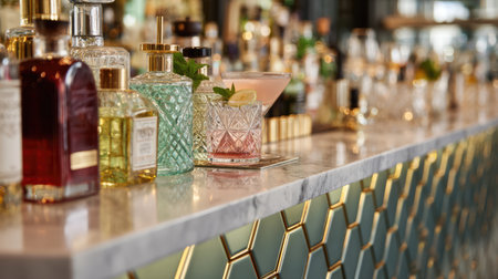 A beautifully arranged bar counter showcasing an array of colorful bottles and a refreshing cocktail, set in a stylish and elegant environment. Perfect for hospitality visuals.の素材