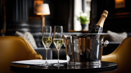 A luxurious setting featuring a silver ice bucket with champagne and two elegant flutes. Perfect for celebrating special occasions or intimate gatherings in a sophisticated lounge atmosphere.の素材