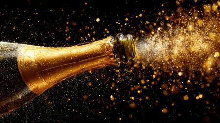A dynamic image of a champagne bottle bursting open with effervescent bubbles and golden sparks, perfect for celebrations and festive occasions.の素材