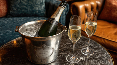 A sophisticated scene featuring a champagne bottle elegantly placed in an ice bucket, accompanied by two crystal flutes poised for a celebratory toast in a luxurious lounge environment.の素材