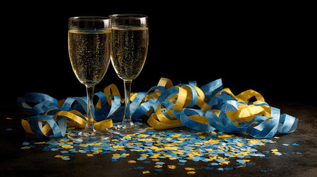 Two elegant champagne glasses filled with bubbly drink are positioned against a black background, surrounded by whimsical blue and yellow confetti, capturing a festive celebration atmosphere.の素材