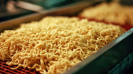 A detailed view of freshly prepared noodles on a production line in a food manufacturing facility, showcasing the texture and quality of the raw ingredient.の素材