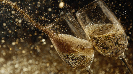Celebrate special moments with a toast featuring two glasses of sparkling champagne. The bubbles and shimmering backdrop create a festive atmosphere perfect for any event.の素材