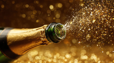 A close-up of a champagne bottle popping open, releasing sparkling bubbles against a shimmering golden backdrop, perfect for celebratory themes.の素材