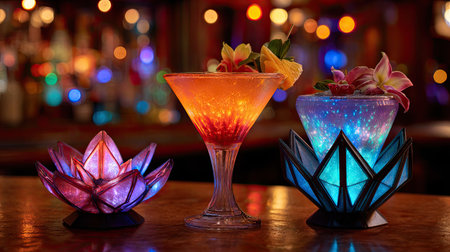This image showcases an array of colorful cocktails served in stunning glassware, adorned with fresh garnishes. The vibrant lighting creates a festive ambiance, perfect for an elegant night out or a summer party setting.の素材