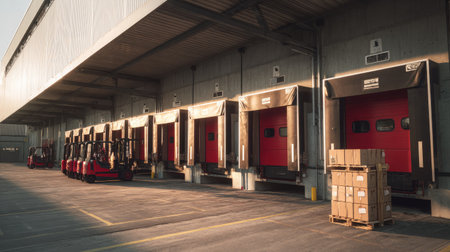 This image showcases a busy warehouse loading dock featuring several forklifts lined up in front of red delivery doors, highlighting transportation efficiency in an industrial setting.の素材