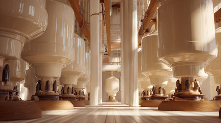 A stunning view of an industrial facility with large storage tanks lined up neatly. The bright atmosphere is enhanced by the soft light creating an inviting space that showcases modern manufacturing design.の素材