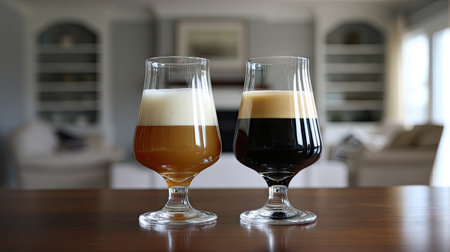 This image showcases two distinct beer glasses, one amber and the other dark, elegantly resting on a wooden table with a soft-focus living space in the background.の素材