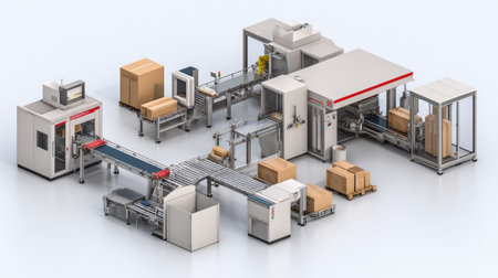 This image showcases a sophisticated automated packaging and sorting machine designed for enhancing warehouse operations and logistics efficiency.の素材