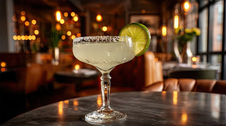 A refreshing margarita cocktail served in a stylish glass with a lime slice and a salt rim, perfect for enjoying in a vibrant restaurant setting.の素材