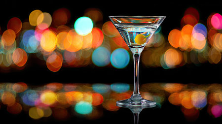 This exquisite image features a classic martini glass filled with a refreshing cocktail, showcasing a vibrant bokeh background that conveys a lively atmosphere, perfect for nightlife or celebrations.の素材