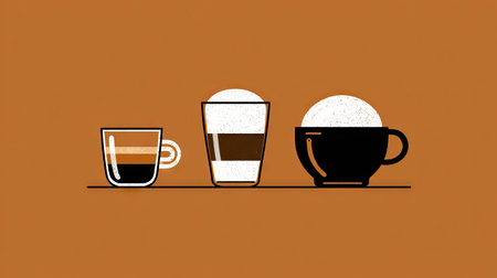 This stylish illustration showcases three distinct coffee drinks, including an espresso, latte, and cappuccino. The warm brown background enhances the aesthetic appeal, making it perfect for beverage-related projects.の素材