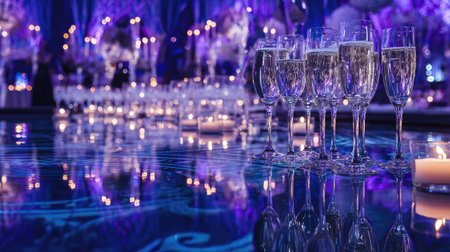 A stunning display of champagne glasses arranged elegantly at a luxurious event. Soft blue lighting creates a mesmerizing atmosphere, perfect for celebrations.の素材