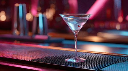 A beautifully crafted cocktail sits elegantly on a stylish bar counter, illuminated by colorful lighting that enhances the vibrant atmosphere of a nightlife setting.の素材