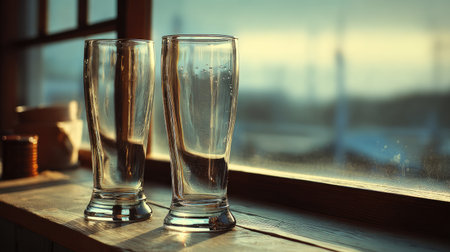 Two empty glasses sit on a wooden windowsill, bathed in soft natural light with a serene outdoor view, evoking a sense of calm and simplicity.の素材