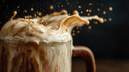 Capture the dynamic moment of beer splashing from a wooden mug, showcasing foam and droplets in an energetic celebration scene, perfect for beverage lovers.の素材