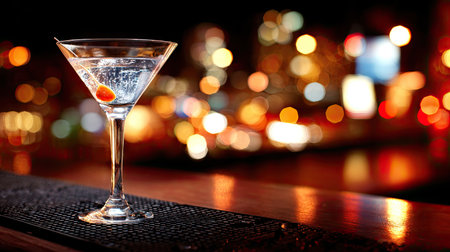 A stunning martini glass featuring a cherry garnish sits elegantly on a bar, capturing the vibrant nightlife with bokeh lights in the background, perfect for celebrations.の素材