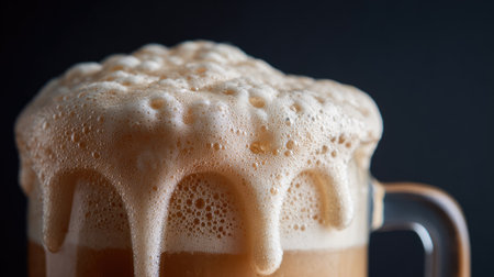 A close-up view of a well-served glass of beer with rich, thick foam cascading over the edge, set against a dark backdrop, perfect for evoking refreshment.の素材
