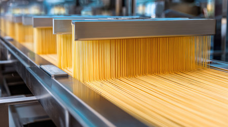 This image showcases the intricate production process of spaghetti in a modern pasta factory, highlighting golden strands being carefully processed at an industrial scale.の素材